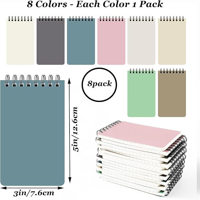 8Pack Pocket Notebook Wide Ruled 9MM , 3 x 5 Inches 60 Sheets/120 Pages Small Top Bound Steno Pads Bulk, Mini Spiral Notebooks With Lined Pages, Mini Spiral Notepads With Color Cover, Small Note Pads For Work Journal, Grocery list,Diary (8)