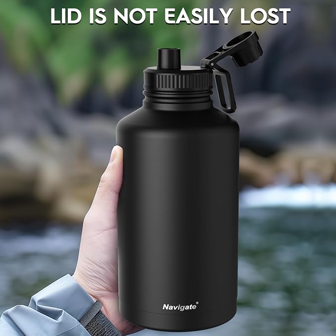 Navigate 64oz Insulated Water Bottle for Sports, Keep Cold 24H | 2-in-1 Spout and Handle Lids, Double Leak-Proof, 18/8 Stainless Steel, BPA-Free, Wide Mouth for Gym and Hiking,Black