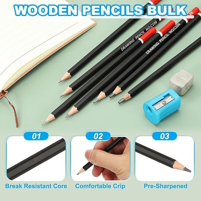 PATIKIL 24Pcs 3B Drawing Pencils for Sketching, Hexagonal Pre-sharpened Sketch Pencils for Drawing Writing Art Sketching Artists Beginners, Red/Black