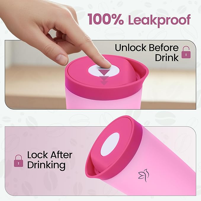 12oz Travel Coffee Mug Tumbler Insulated Stainless Steel Coffee Cup with Leakproof Lid for Hot and Cold Drinks BPA Free Reusable Mug Dishwasher Safe Cup Holder Friendly, Pink
