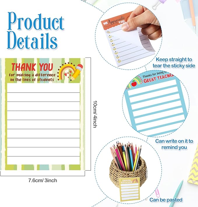 Pajean 12 Pcs End of Year Teacher Gifts Teacher Appreciation Notepad Gift Sets Lined Notepads to Do List Memo Notepads for Graduation Present Colored Cute Sticky Paper Notes Supplies(Rainbow Style)