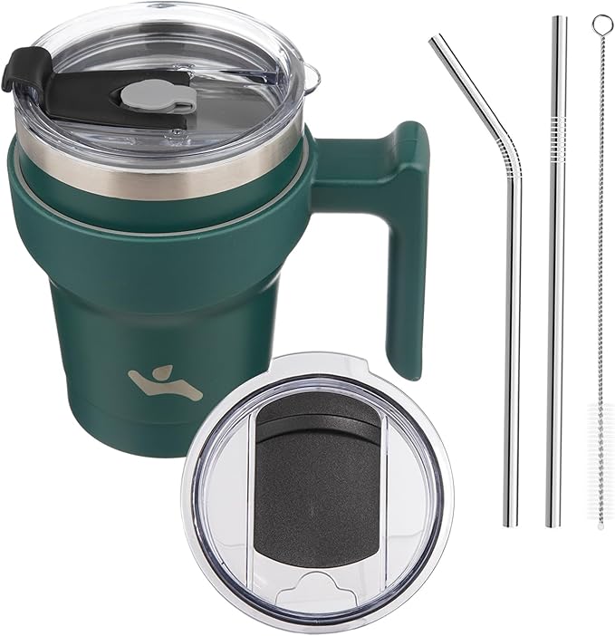 Konokyo 10 oz Tumbler with Handle and 2 Straw 2 Lid, Insulated Water Bottle Stainless Steel Vacuum Cup Reusable Travel Mug,Army Green