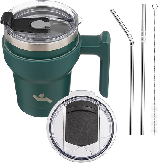 Konokyo 10 oz Tumbler with Handle and 2 Straw 2 Lid, Insulated Water Bottle Stainless Steel Vacuum Cup Reusable Travel Mug,Army Green