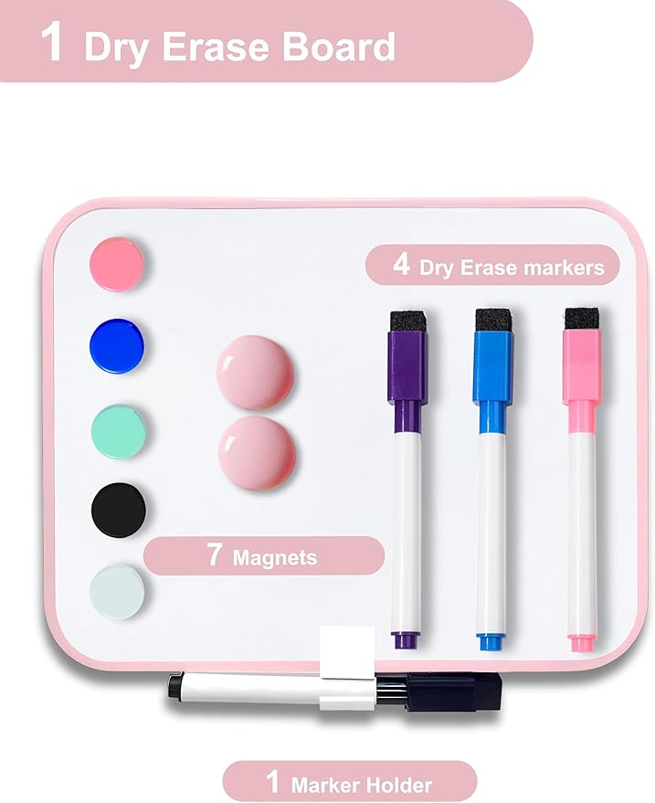 Magnetic Small Dry Erase Board for School Locker, 6" x 8" Small Whiteboard with 4 Marker and 7 Magnets - Mini Drawing Teaching Whiteboard for Classroom, Home, Office, Travel(Pink)