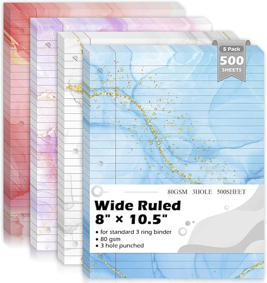 500 Sheets 8×10.5 Inch Colored Loose Leaf Paper Wide Ruled for 3-Ring Binder 11/32" Spacing Colored Marble Lined Filler Notebook Paper Wide Ruled 3-Hole Punched 80gsm for School Office