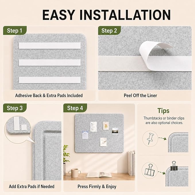 Felt Bulletin Board for Wall 48" x 36" Unfolded Size, Large Frameless Felt Pin Board, Soft Cork Board Alternative for Office, Home Planning, Notes, Photos & Wall Decor, Foldable Shipping, Easy Install