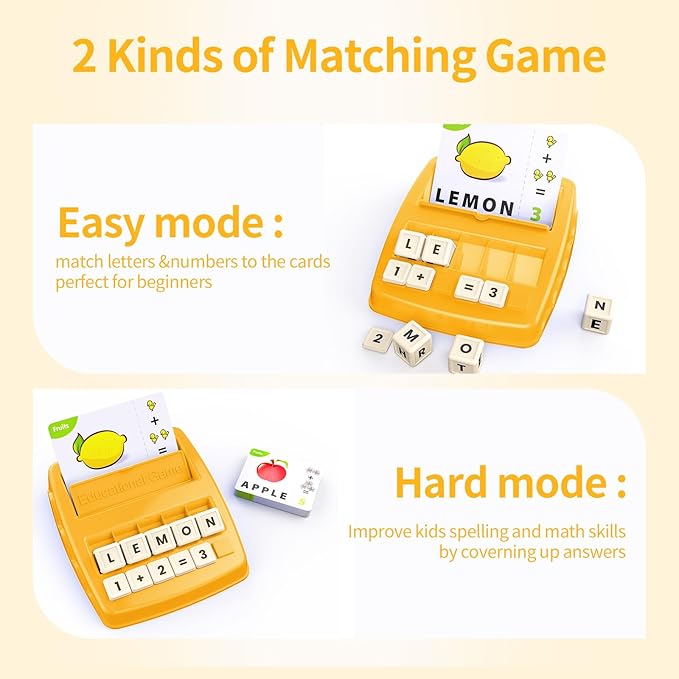 DEGIDEGI Educational Toys for Kids Ages 3-8, Matching Letter Spelling Game ABC Math Learning, Xmas Birthday Party Gifts for 3 4 5 6 7 8 Year Olds Boys and Girls Yellow