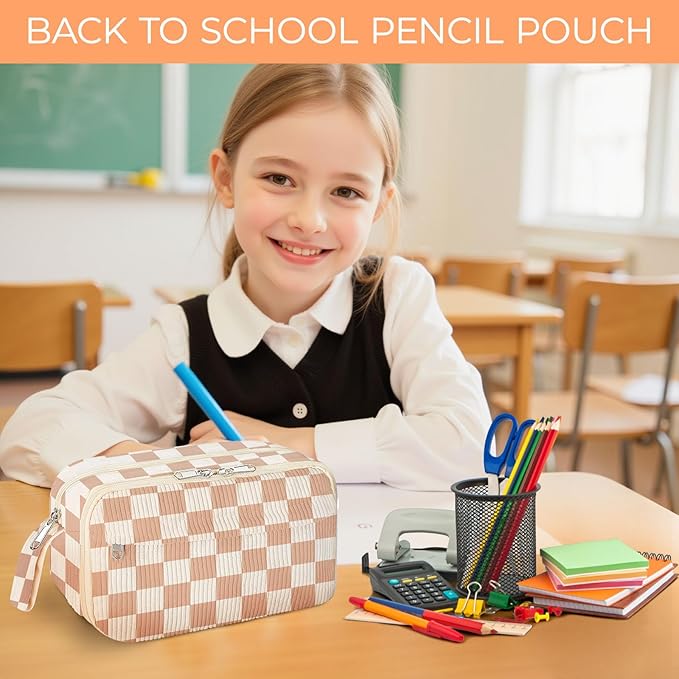 WOBAGMEN Cute Pencil Case,Large Corduroy Zippered Pencil Case Pouch, aesthetic Pencil Bag with Compartments, Pencil Pouch School Supplies (HY-corduroy pc-checked)