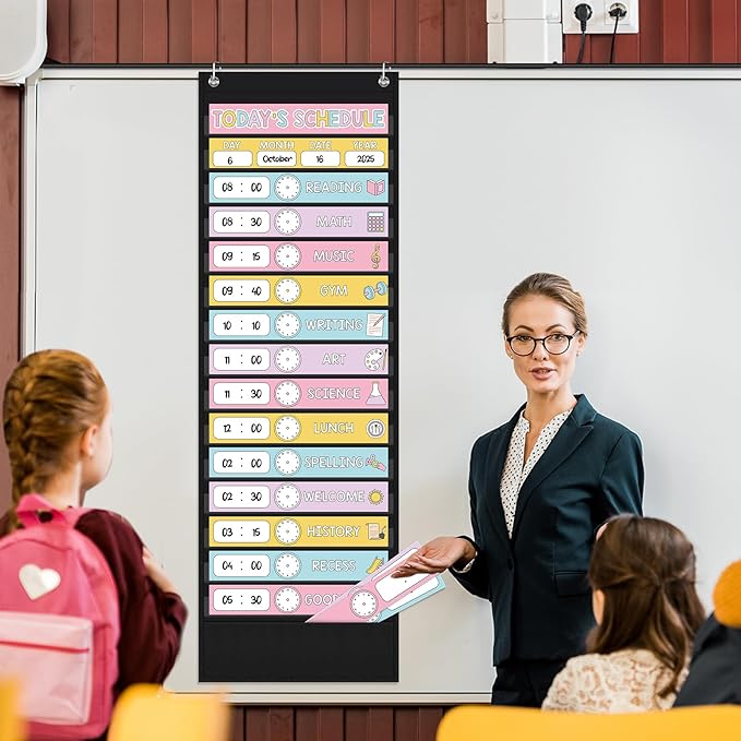 Pasimy Daily Schedule Pocket Chart for Classroom 15+1 Pockets with 31 Double Sided Reusable Cards 2 Magnetic Erasable Pens & Hangers Visual Schedule Chart School Office Home Decor(Black,Pastel)