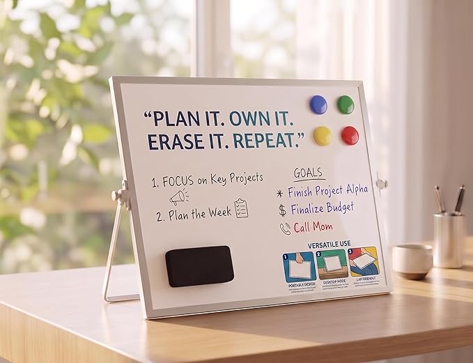Magnetic Dry Erase Board 16x12 Inch - Double-Sided Desktop Whiteboard with 360° Rotating Stand - Small Portable White Board Set with 10 Markers, 4 Magnets, Eraser for Home Office, School, Desk
