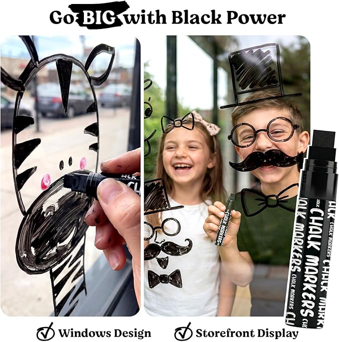 Chalkola 6 Black Chalk Markers - Dual tip, Fine & Jumbo Tip (1mm, 3mm, 5mm, 15mm) | Erasable Liquid Chalk Pens for Blackboard, Chalkboard Signs, Car Window, Bistro, Glass | Washable Chalkboard Markers