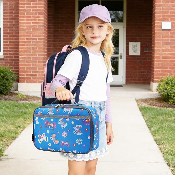 FlowFly Kids Lunch box Insulated Soft Bag Mini Cooler Back to School Thermal Meal Tote Kit for Girls, Boys, Butterfly