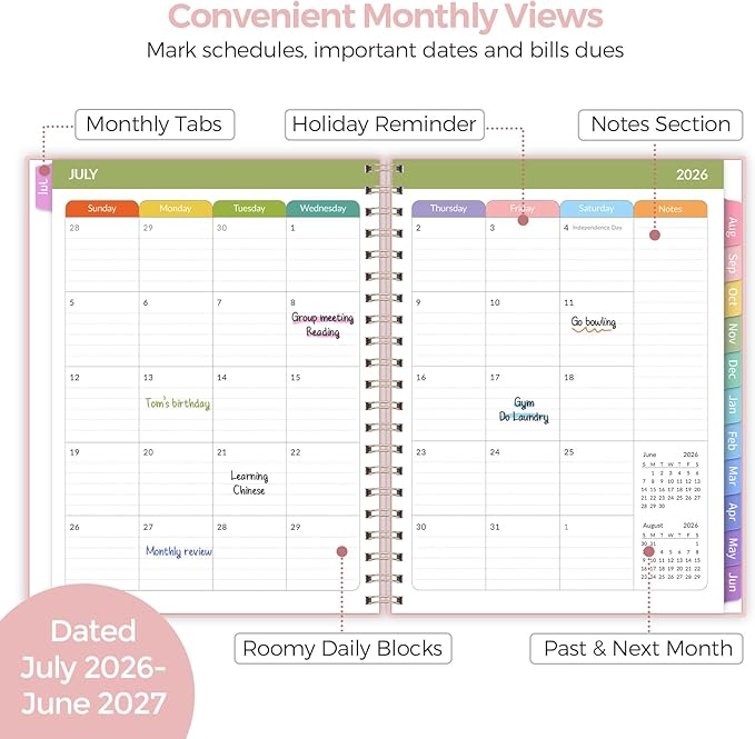 SKYDUE Teacher Planner 2026-2027 Academic Year, 8.5" x 11" Teacher Lesson Planner with Monthly Tabs & Stickers, Lesson Plan Book 26-27, Pink