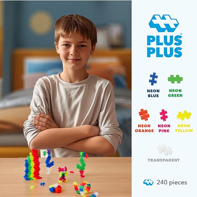 PLUS PLUS 240 Piece Interlocking Building Blocks for Kids, Open Ended Connecting Toys, Stem Bin Classroom Mini Manipulatives - Neon Mix Play Tube
