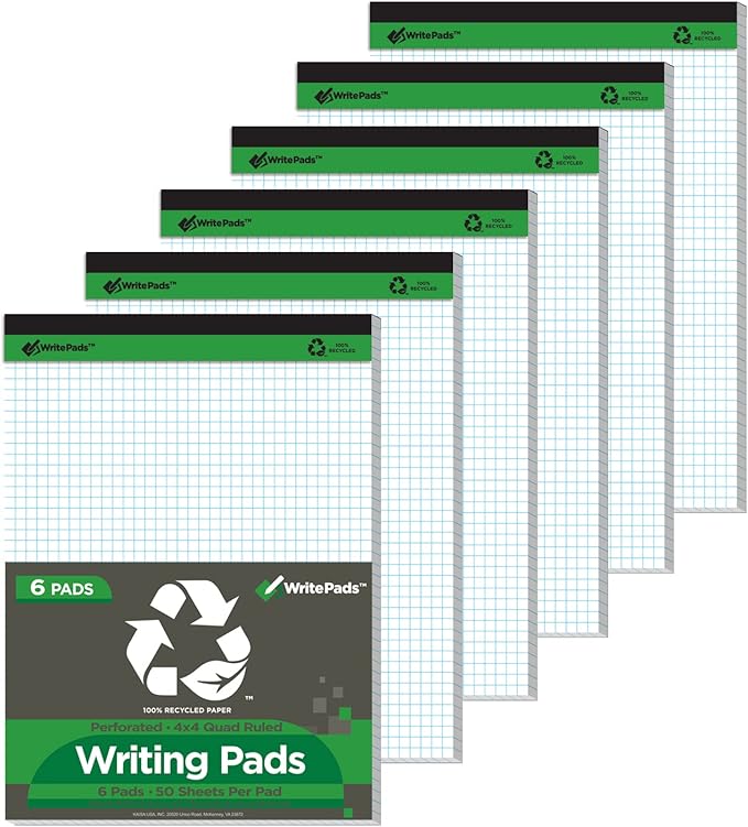 KAISA Graph Paper Legal Pads Writing Pads 6 pad 300 Sheets Recycled Paper 8.5"x11.75" Quad Ruled 4x4 Perforated 50sheets/pad Grid Paper Notepads Writing Tablet White For Office Supplies (White 6pad, 8.5x11.75'')