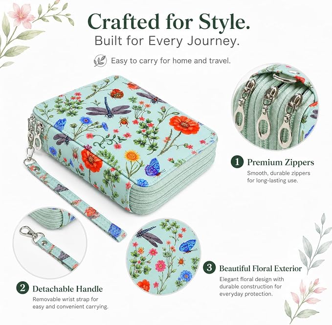 72 Slots Colored Pencil Case Organizer, 3 Layer Bag | Twill Oxford fabric, 75 elastic loops, detachable handle, for travel, home storage, drawing tools, creative gifts