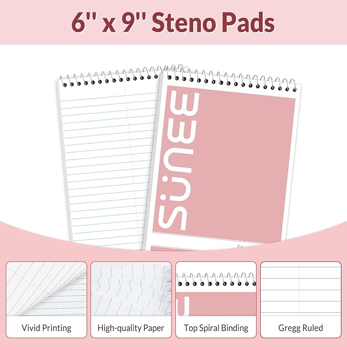 SUNEE 2 Pack Steno Pads 6x9, Gregg Rule, 60 Sheets, Spiral Notebook 6x9, White Paper, Take Notes with Top Spiral Notebook, for School, University, College, Work, Office, Pink
