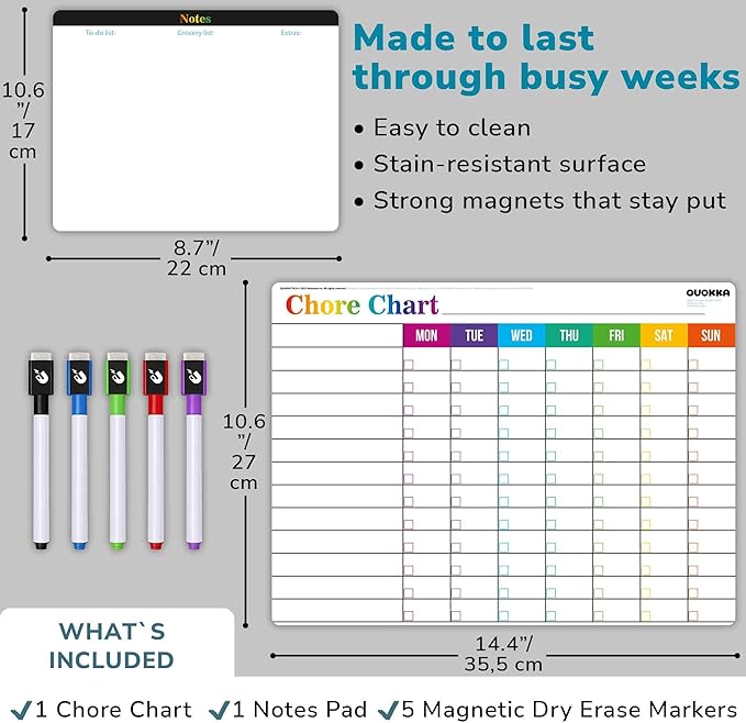 QUOKKA Magnetic Chore Chart for Kids at Home - Gift Reward Visual Schedule Chart - Dry Erase Weekly Planner - Family Task Organizer - Refrigerator Chore Board with Markers