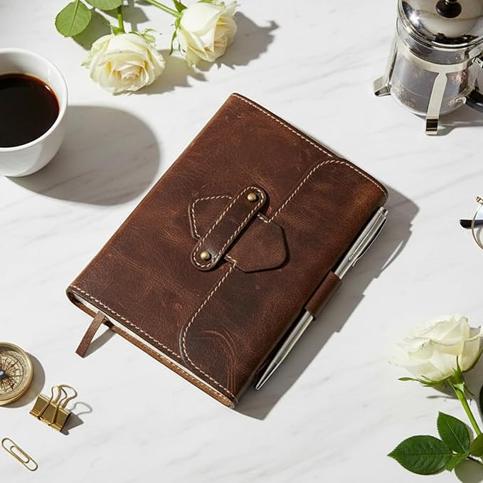Leather Journal Writing Notebook 7x5 - Genuine Leather Bound Notebook for Men & Women - Closure Diary with 200 Pages 125 GSM Recycled Cotton Paper
