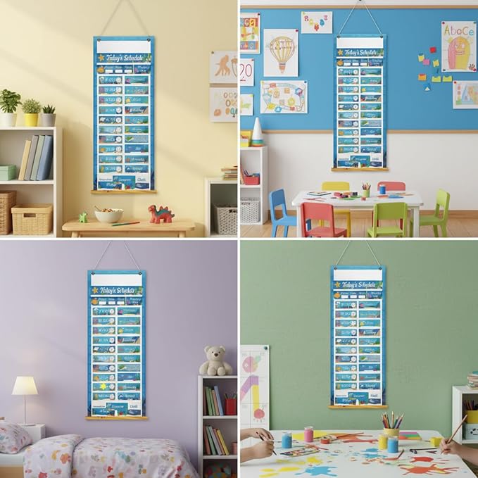 Gueevin Under the Sea Daily Schedule Pocket Chart & Card Set Include 1 Hanging Chart with 24 Pockets 2 Metal Hooks 60 Schedule & Activity Cards Reusable Calendar for Kindergarten Daycare Decor