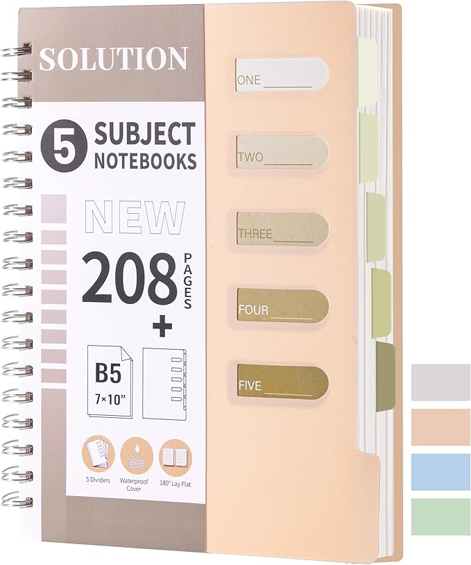 FLYING EAGLE Small Spiral Notebook 5 Subject Notebook Wide Ruled with Dividers Tabs Waterproof Plastic Cover Thick Paper Notebooks for Work School, 7x10 Orange