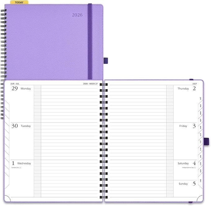 POPRUN 2026 Planner (Jan.-Dec.), Large-8.5" x 10.5", Horizontal Weekly Notebook, 12-Month Calendar Book with Monthly Tabs, Spiral Soft Cover, Inner Pocket, 100 GSM - Lavender