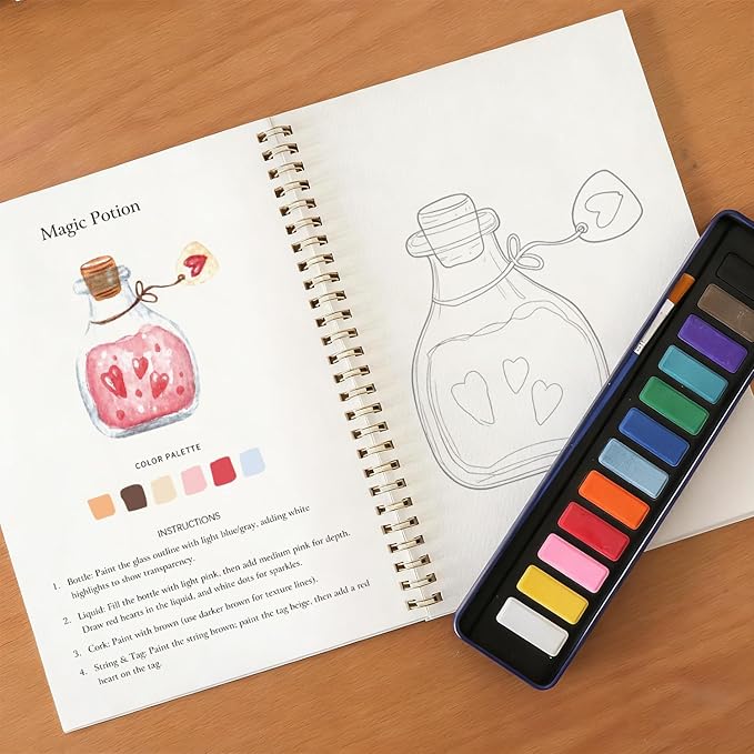 Watercolor Workbook for Adults - 12 Different Patterns of Original DIY Designs, olors Watercolor Paint Set with Palette and Brush, Beginner-Friendly Watercolor Workbooks（Valentine's Day）