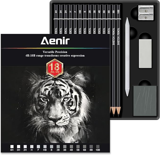 Aenir Sketch Pencils for Drawing, Drawing Pencils Set of 18, 10B–4H Graphite Pencil, Vinyl Eraser, Kneaded Eraser, Sharpener, Blending Stump,Sketch Set for Artists, Art Supplies.