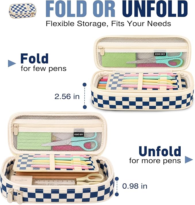 Pencil Case, Large Capacity Aesthetic Pencil Cases with Durable Zipper, Big Stationery Pencil Pouch for Women & Men, Adults Portable Storage Organizer Bag for College, office, Travel (Blue Grid)