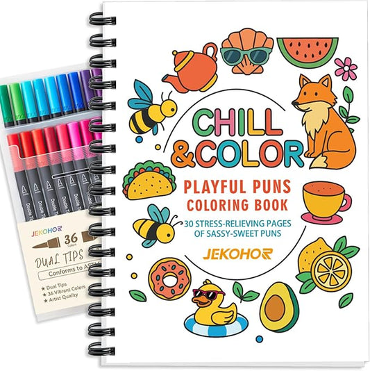 Jekohor Adult Coloring Book,Coloring Books for Adults Relaxation with 36 Markers,Funny Chill-Sweet Puns Includes 30 Pattern,Anxiety Relief-The Perfect Mindfulness Stress-Relieving Gifts for Women