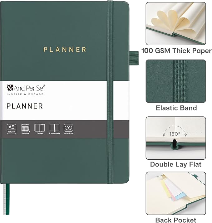 And Per Se Undated Planner, Weekly & Monthly Planner with Goal & Habit Tracker, A5 Leather Hardcover Productivity Journal for Academic Year (Forest Green)