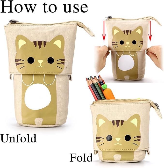 Telescopic Pencil Pouch Standing Pen Holder Cute Pencil Bags Stand Up Pen Case Cartoon Pencil/Pens Storage Box Canvas+PU Stationery Organizer Makeup Bag with Zipper Closure (Khaki)