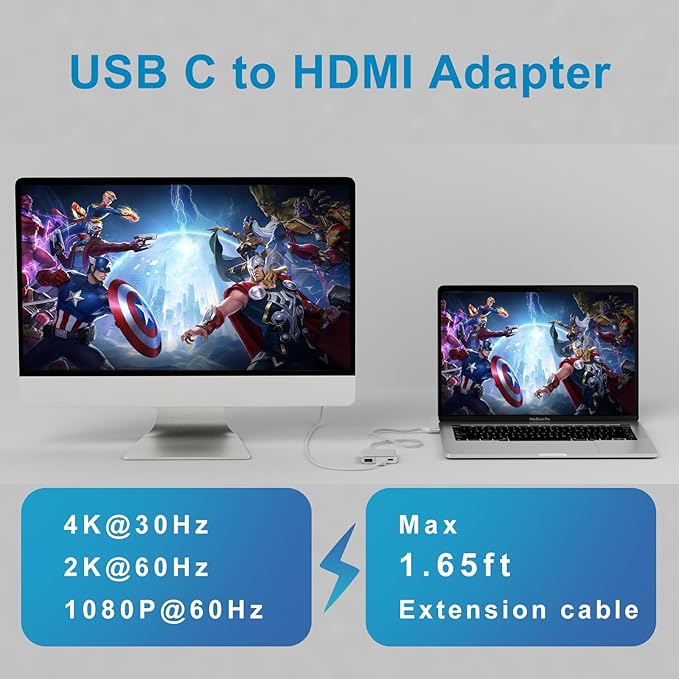 Battony USB-C to 4K HDTV Digital AV Adapter for MacBook Pro/Air, USB 3.0 5Gbps Date Transfer &100W PD & 50cm Braided Cable, Compatible for Mac Pro Air M1 M2 iMac and Other Type C Devices