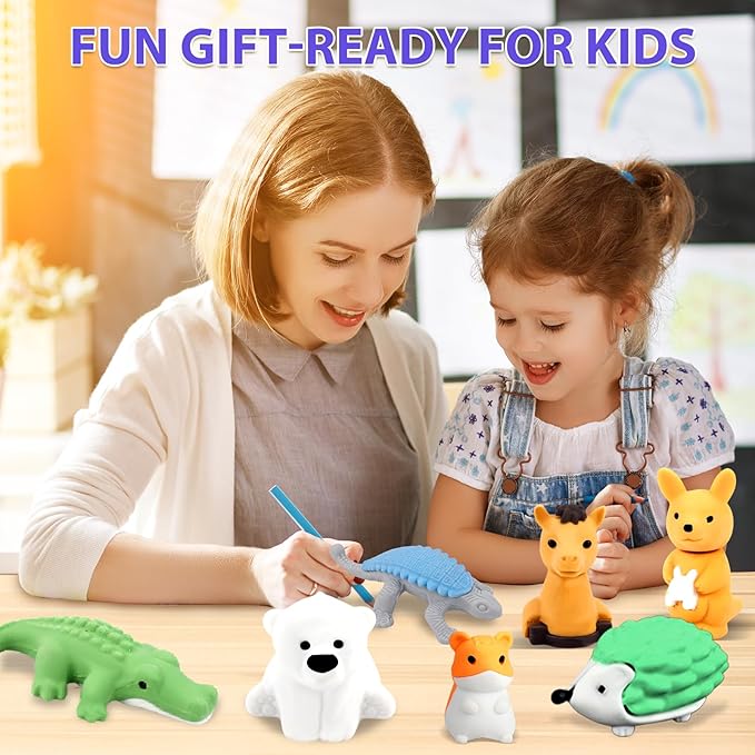 URSKYTOUS 34Pcs Animal Erasers Bulk Cute Desk Pets Kids Puzzle Erasers Take Apart Cool 3D Eraser Mini Pencil Eraser Fun Party Favors for School Supplies Classroom Rewards Easter Egg Fillers Gifts