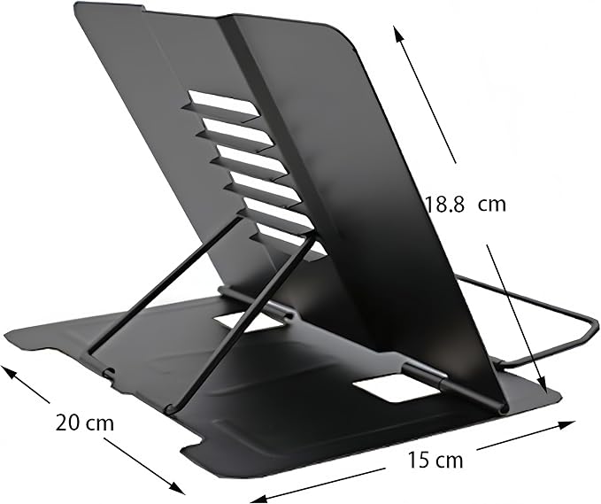 Azheeujy Metal Book Stand Folding Reading Book Holder with 6 Adjustable Angles and Paper Page Clip,Sturdy Desktop Book Holder for Cookbook,Magazine,Textbooks,Document,Music Book,Laptop,Tablet (Black)