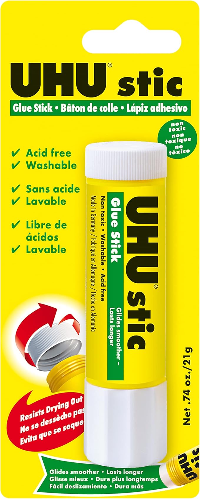 UHU stic, Glue Stick Solvent Free, Washable, Screw on Cap, for School, Crafts, Scrapbooking 1 x 21g Blister, White