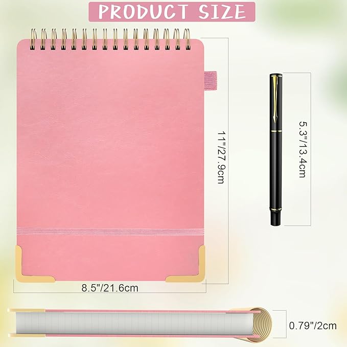 A4 Top Spiral Notebook, Large Leather Hardcover Top Bound Steno Pads, 240 Pages 100 gsm Thick Lined Paper Left Handed Notebook Journal for Work, School, Meeting Writing - Pink, 8.5" x 11"