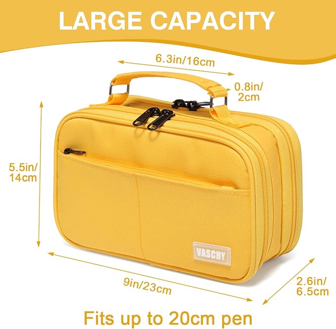 VASCHY Pencil Case, Large Pencil Pouch with Compartments for Middle School,Work,Office Pen Organizer Holder School Supply Yellow