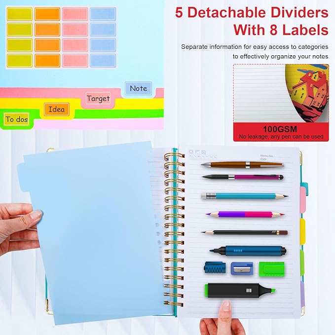 Hardcover Spiral Notebook 6.2"x 8.2" Journal Notebook with Tabs and Removable Dividers 300 Pages 5 Subject Notebook College Ruled, Faux Leather Spiral Bound Notebook for Women School Work(Red)