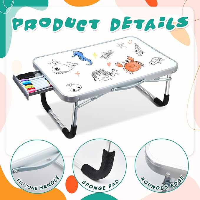Suzile 2 Pcs Portable Lap Desk with Dry Erase Board, 24" x 16" Foldable Study Tray with Drawer, Markers & Eraser, Whiteboard for Art, Homework, First Day & Back to School Supplies