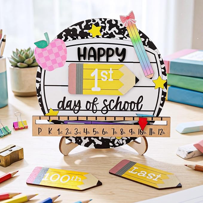 Kosiz First and Last Day of School Sign with Back to School Board Gifts Wooden First Day Sign Reusable Dry Erase 8''(Composition Notebook)