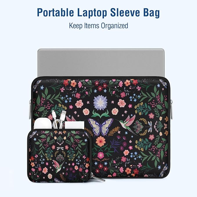 MOSISO Laptop Case 16 inch, 15-15.6 inch Laptop Sleeve Bag Compatible with MacBook Pro 16 M5 M4 M3 M2 M1, HP Acer Dell Lenovo ASUS, Neoprene Hummingbird Plants Flowers Bag with Small Case, Black