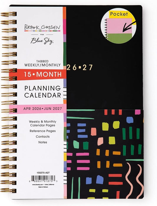 Blue Sky Brook Gossen 15 Month 2026-2027 Weekly and Monthly Academic Year Planner Calendar, April 2026 - June 2027, 5" x 8", Flexible Cover With Zip Pouch, Wirebound, Laminated Tabs, Storage Pocket, Rainbow City