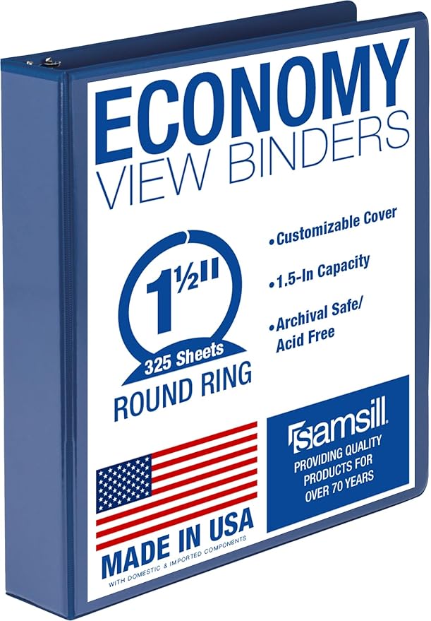 Samsill 1.5 Inch 3 Ring Binder, Economy Round Ring, Clear View Cover, 325 Sheet Capacity - for School, Home, Office - Dark Blue