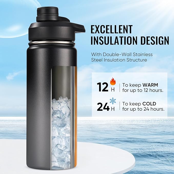 Fijinhom 18 oz Insulated Water Bottle with Handle, 304 Stainless Steel Water Bottles with Wide Mouth, Double Wall Vacuum Sports Water Bottle, BPA Free, Keep Cold and Hot, Black/Gray