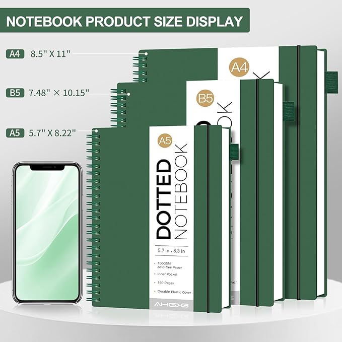 AHGXG Dotted Journal - Dot Grid Spiral Notebook 8.5" x 11", A4 Large Dotted Notebook, 100 GSM Thick Paper, Waterproof Plastic Cover Journals for Journaling, Sketching, Dark Green