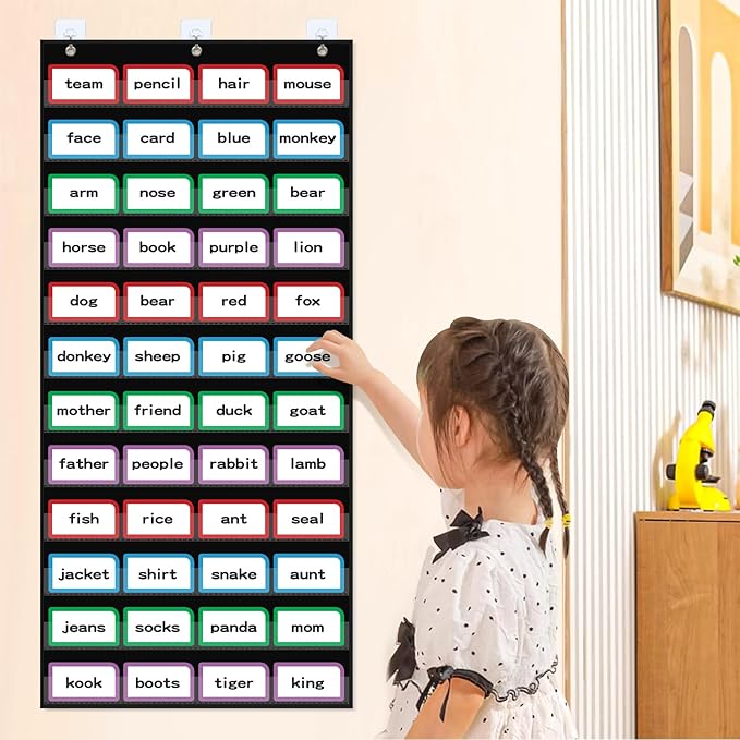 ANCOMEDO 20”W x 48.25”H Classroom Words Pocket Chart with 12 Clear Pockets, Black Standard Pocket Chart for Classroom and Home for Sentence Strips, Reusable Clear Pocket Hanging Words Chart (Black)