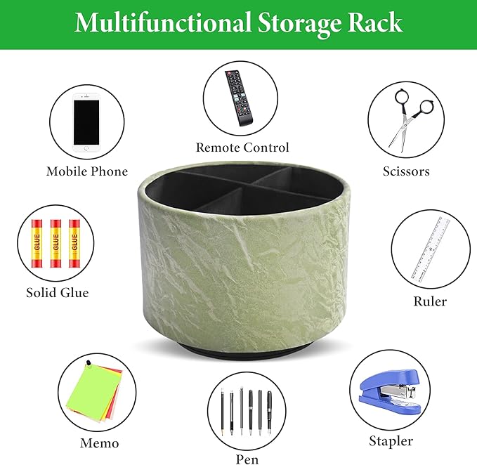 Round Leather Art Supply Organizer,Remote Control Holder,360 Degree Spinning,Multi-Functional Pencil Holder,4 Compartments Desktop Stationary Organizer(1-Hill Green)