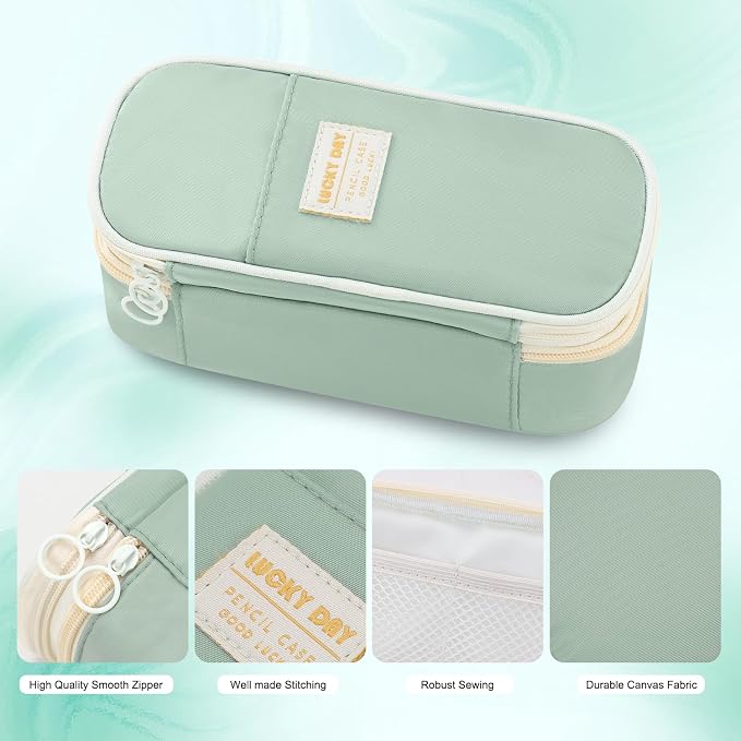 Large Pencil Bag for Girls Teens Kids School Pencil Case Organizer Green | Zipper Pencil Pouch Big Cute Stationery Aesthetic Pencil Box for School Office, Wear-resistant Fabric, Large Capacity Design