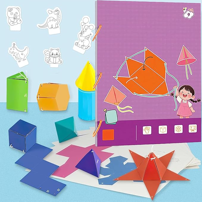 Pull String 3D Geometry Learning Book - Fun Volume & Surface Area Formula Teaching Tool with Braided Rope Design (9-Model Version)